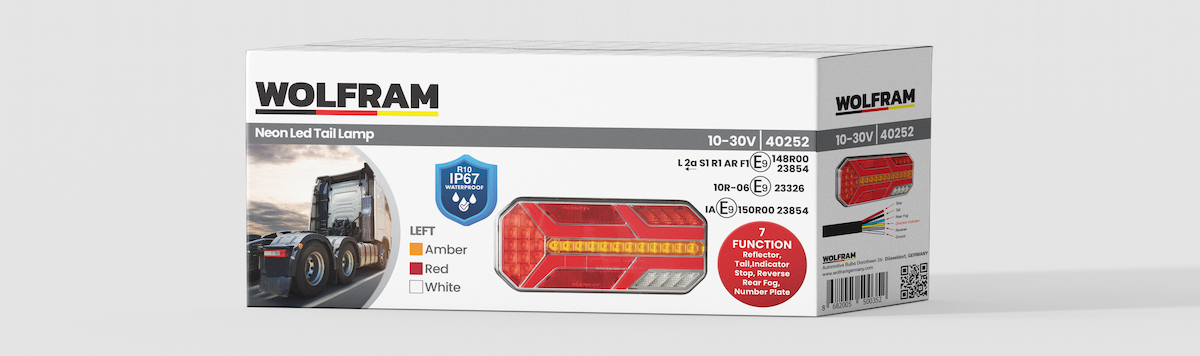 LED 7-Function Rear Tail Light Amber-Red-White 10–30V, E9 Certified, Left