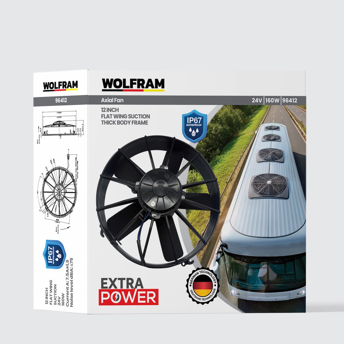 Axial Fan 12 Inch 5 Straight Blades IP67 Wide Pulley