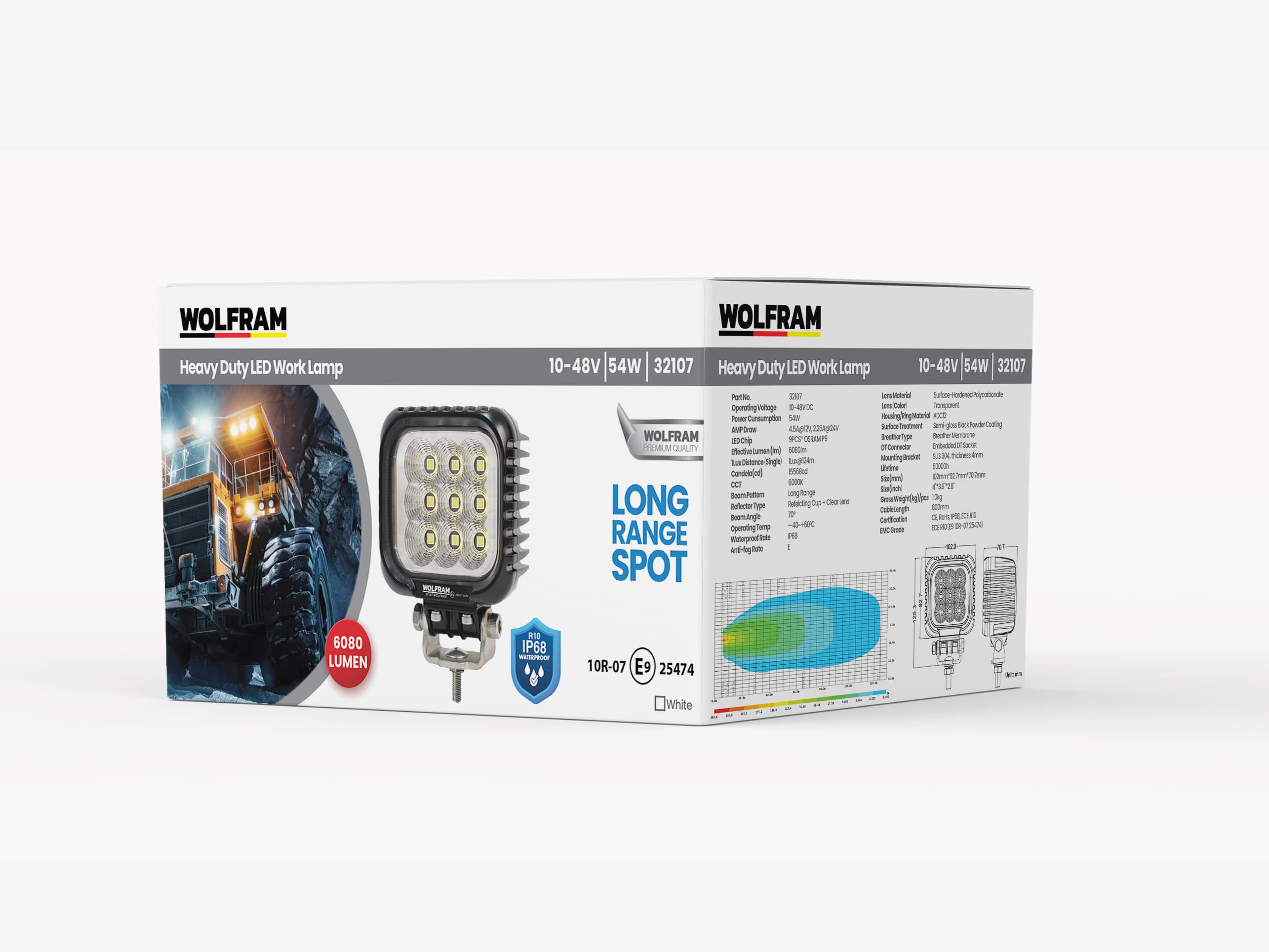 9 LED Heavy Duty Work Light 6,080 Lumens Spot DT Connector 10-48V E-Marked 53W