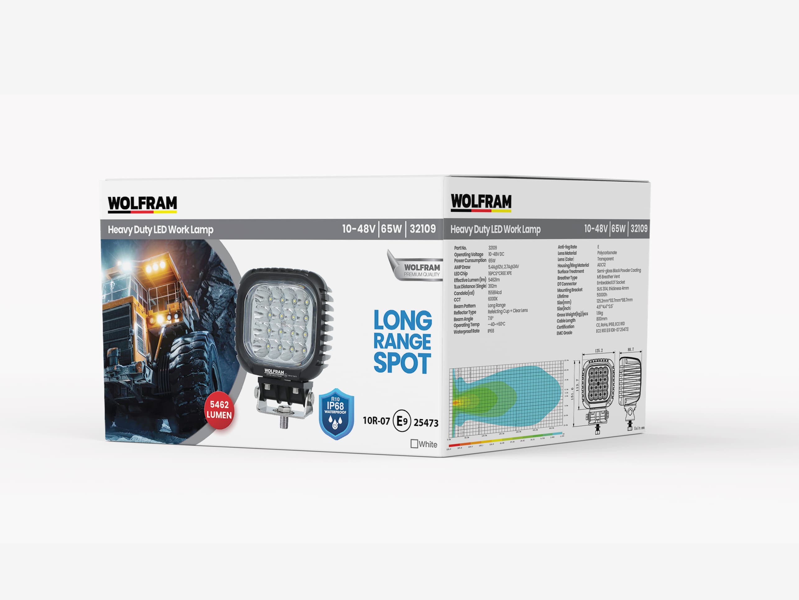 16 LED Heavy Duty Work Light 5,462 Lumens Spot DT Connector 10-48V E-Marked 64W