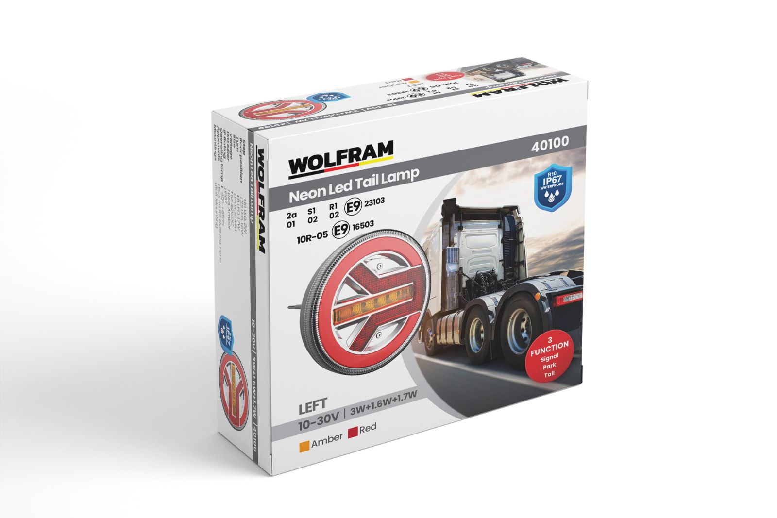 LED Round 3-Function Stop-Signal-Park Lamp 10-30V E9 Certified Left