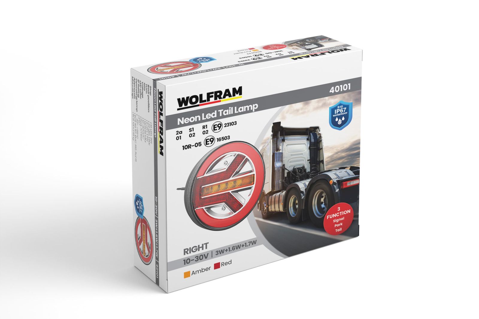 LED Round 3-Function Stop-Signal-Park Lamp 10-30V E9 Certified Right